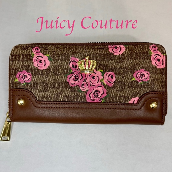 🌷Juicy Couture Zip Around Wallet/Cardholder/Pink Floral/Crown/Brown - Picture 1 of 16
